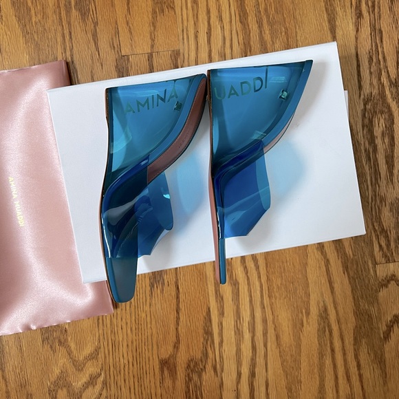 😊SOLD😊Amina Muaddi Blue Lupita Glass Wedge Heeled Sandals in 39 - Picture 3 of 15